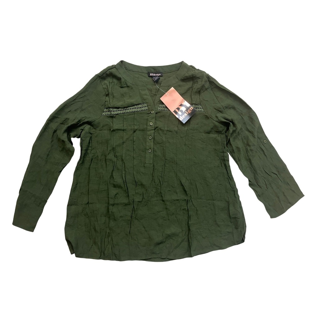 BYdesign Ellington‎ Roll Tab Sleeve Pin Tuck Blouse Rifle Green L L01321A